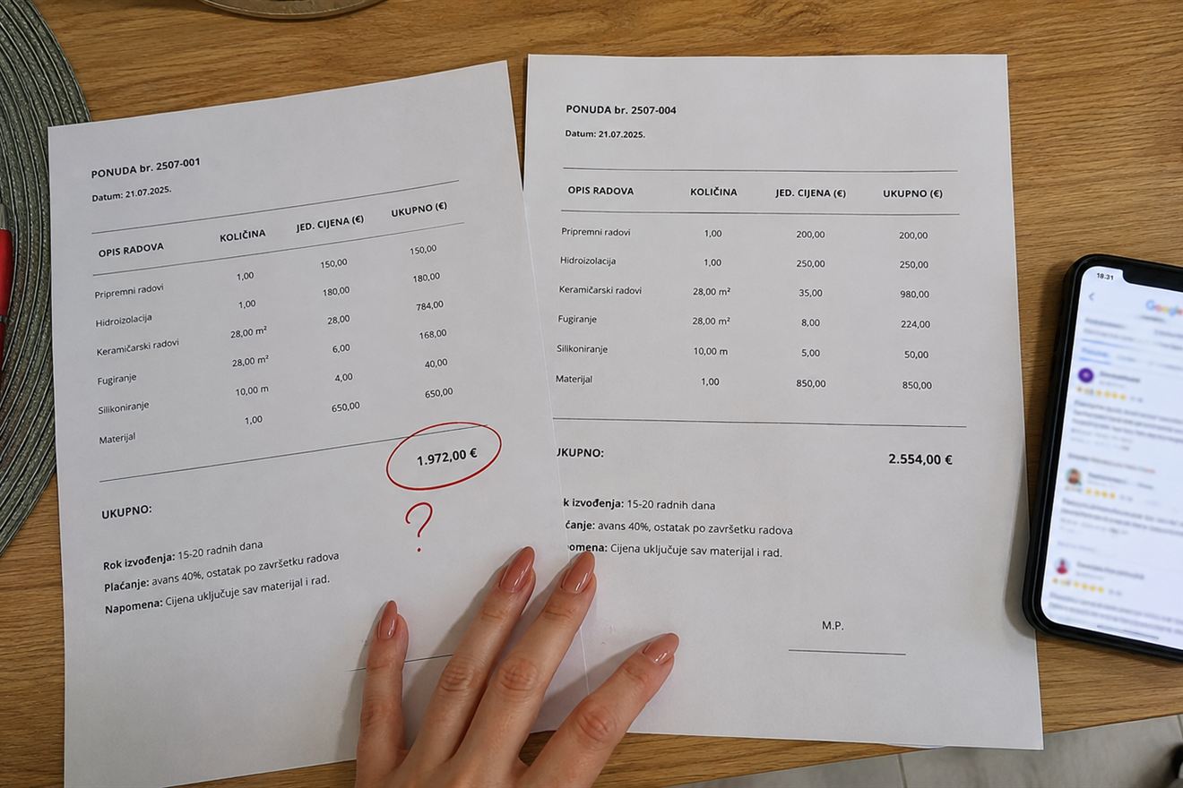 Dvije pisane ponude za keramičarske radove jedna pored druge, s zaokruženim ukupnim iznosom